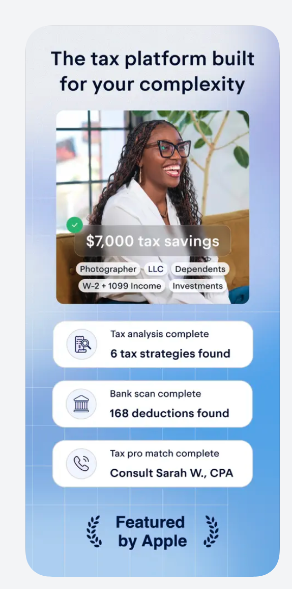 FlyFin App Store marketing screen highlighting $7,000 tax savings, 6 tax strategies, 168 deductions found, and a CPA match with Sarah W., Featured by Apple