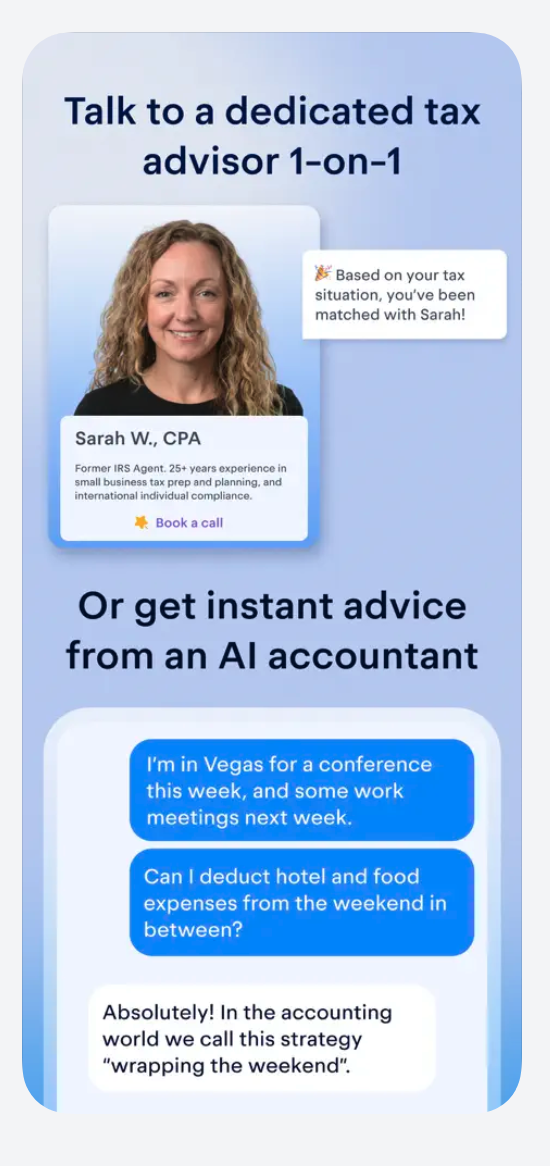 Keeper app screen offering 1-on-1 access to a dedicated CPA tax advisor plus an AI accountant chat for instant tax questions