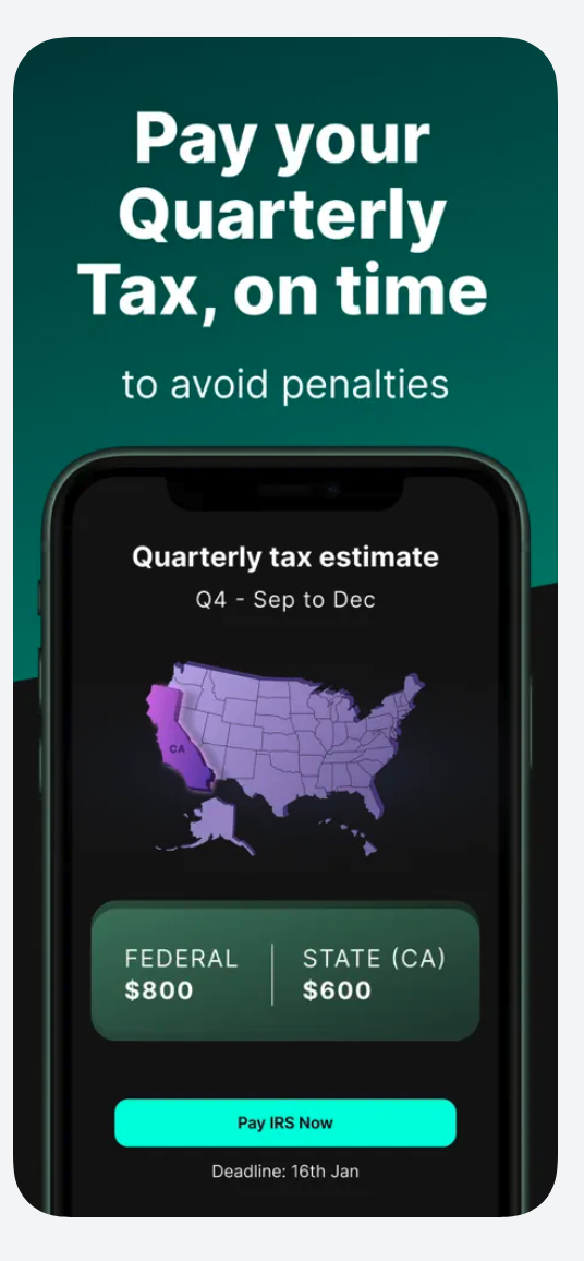 FlyFin app screen showing AI-powered 1099 tax calculation with monthly tax summary and how much to set aside for taxes