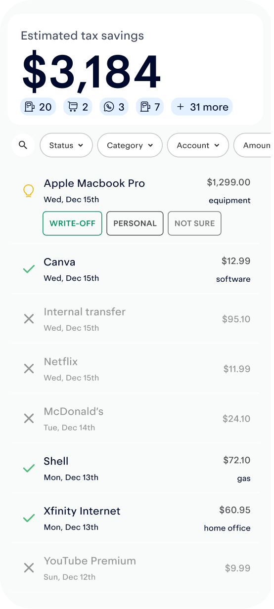 Keeper app screenshot showing estimated tax savings of $3,184 with AI-categorized business transactions for write-offs